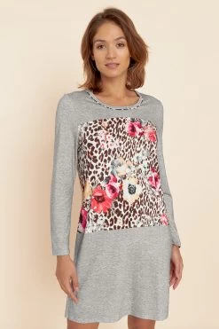 Nachthemd Mit Leo-Blumendruck Grau 100% Baumwolle -Pyjamas Für Zuhause 1223621 16425 3