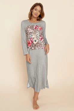 Nachtkleid Maxi Mit Leo-Blumendruck Grau 100% Baumwolle