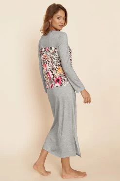 Nachtkleid Maxi Mit Leo-Blumendruck Grau 100% Baumwolle -Pyjamas Für Zuhause 1223622 16425 2