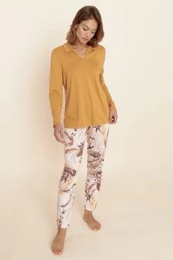 Pyjama Mit Romantischem Feder-Druck Umlegekragen Baumwolle/Modal