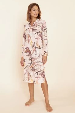 Nachtkleid Im Romantischen Feder-Druck Umlegekragen Baumwolle/Modal
