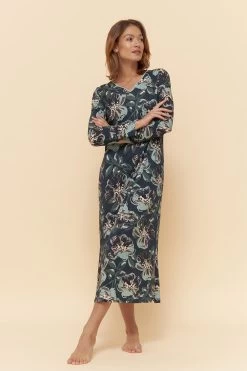 Nachtkleid Im Ansprechenden Blumen-Druck Paspel Maxi-Länge Baumwolle/Modal