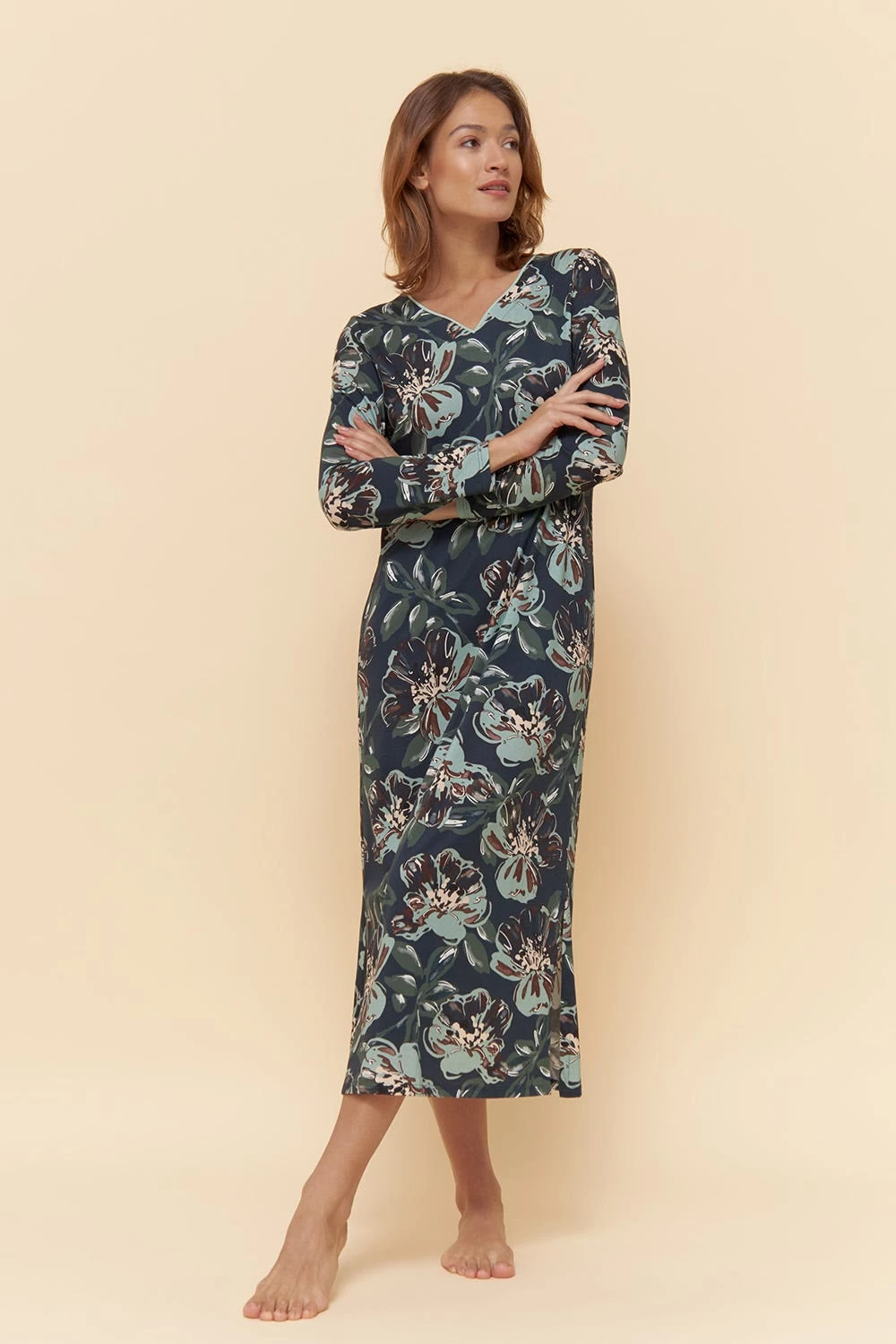 Nachtkleid Im Ansprechenden Blumen-Druck Paspel Maxi-Länge Baumwolle/Modal 1 Nachtkleid Im Ansprechenden Blumen-Druck Paspel Maxi-Länge Baumwolle/Modal