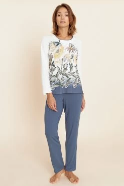 Pyjama Mit Floralem Druck Paspel 100% Baumwolle