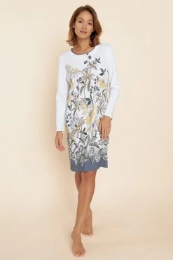 Nachthemd Mit Floralem Druck Paspel Maxi-Länge 100% Baumwolle