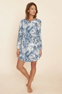 Nachthemd Mit Romantischem Druck Blau Tropfenausschnitt 100% Baumwolle