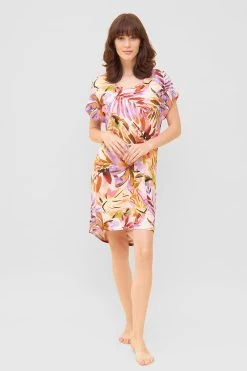 Nachthemd Im Fröhlichen Blätter-Druck Bunt Rundhals Sommer Viskose/Elasthan
