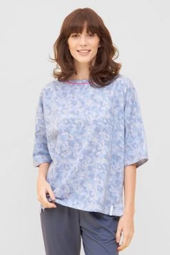 T-Shirt Im Blauen Camouflage-Druck Halbarm Mix & Match Baumwolle/Elasthan