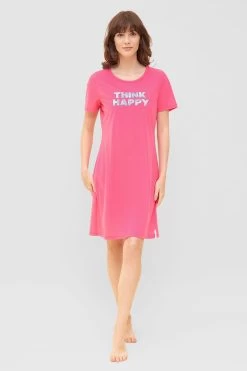 Nachthemd Mit Schriftzug "Think Happy" Pink Kurzarm 100% Baumwolle