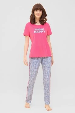T-Shirt Mit Schriftzug "Think Happy" Pink Kurzarm Mix & Match 100% Baumwolle -Pyjamas Für Zuhause 1232016 10012 3