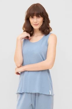 Pyjama-Top Aus Ajour Feinstrick Hellblau Ärmellos Mix & Match 100% Baumwolle