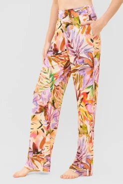 Lange Hose Im Fröhlichen Blätter-Druck Sommer Bunt Viskose/Elasthan