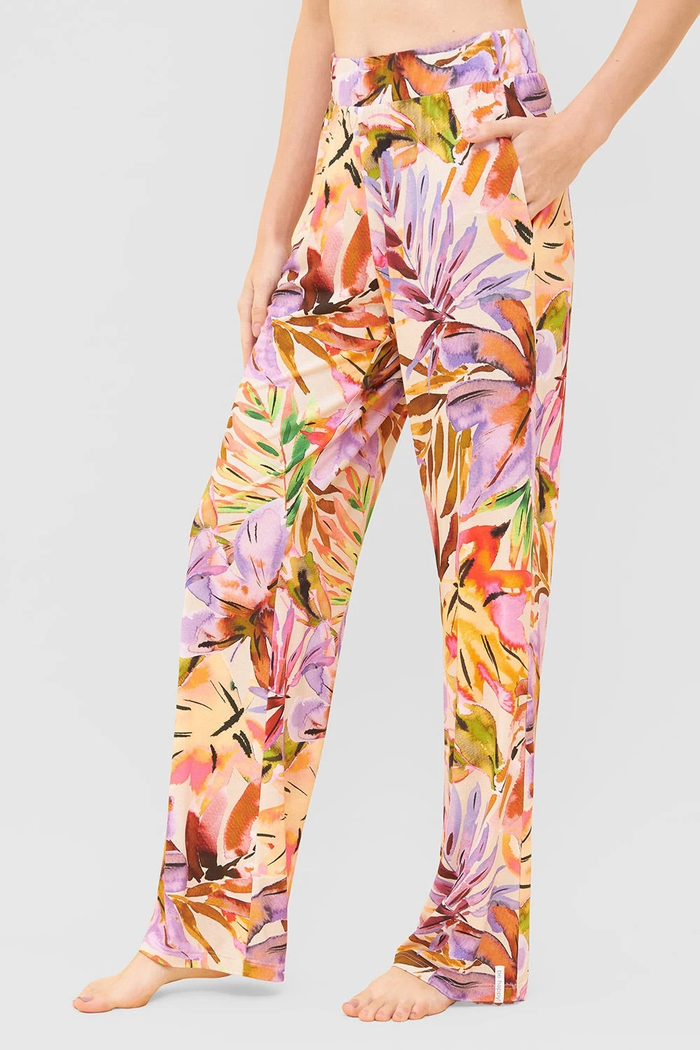 Lange Hose Im Fröhlichen Blätter-Druck Sommer Bunt Viskose/Elasthan 1 Lange Hose Im Fröhlichen Blätter-Druck Sommer Bunt Viskose/Elasthan