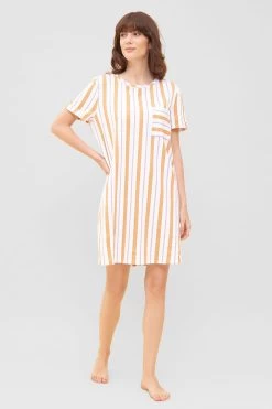 Nachthemd Im Streifen-Design Brusttasche Sommer Baumwolle/Elasthan