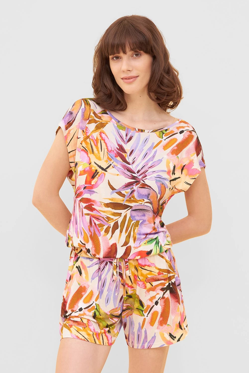 Jumpsuit Im Fröhlichen Blätter-Druck Bunt Shorts Sommer Viskose/Elasthan 4 Jumpsuit Im Fröhlichen Blätter-Druck Bunt Shorts Sommer Viskose/Elasthan - Image 4