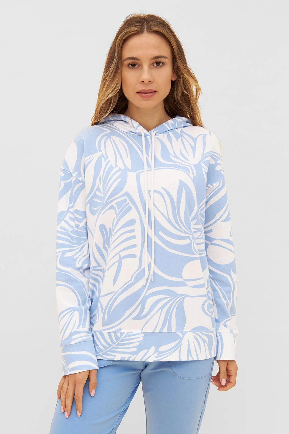 Hoodie Im Grafischen Druck Hellblau Kapuzenpullover Baumwolle/Elasthan 1 Hoodie Im Grafischen Druck Hellblau Kapuzenpullover Baumwolle/Elasthan