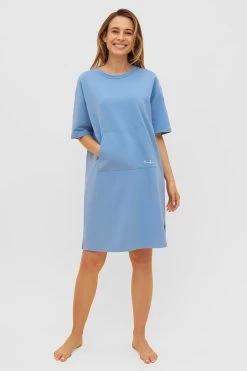 Sweatkleid Mit Känguru-Tasche Hellblau Rundhals Baumwolle/Elasthan