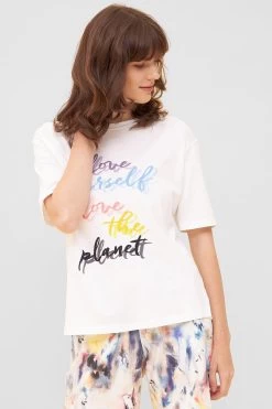 T-Shirt Mit Schriftzug "love Yourself, Love The Planet" Halbarm Mix & Match Baumwolle/Elasthan