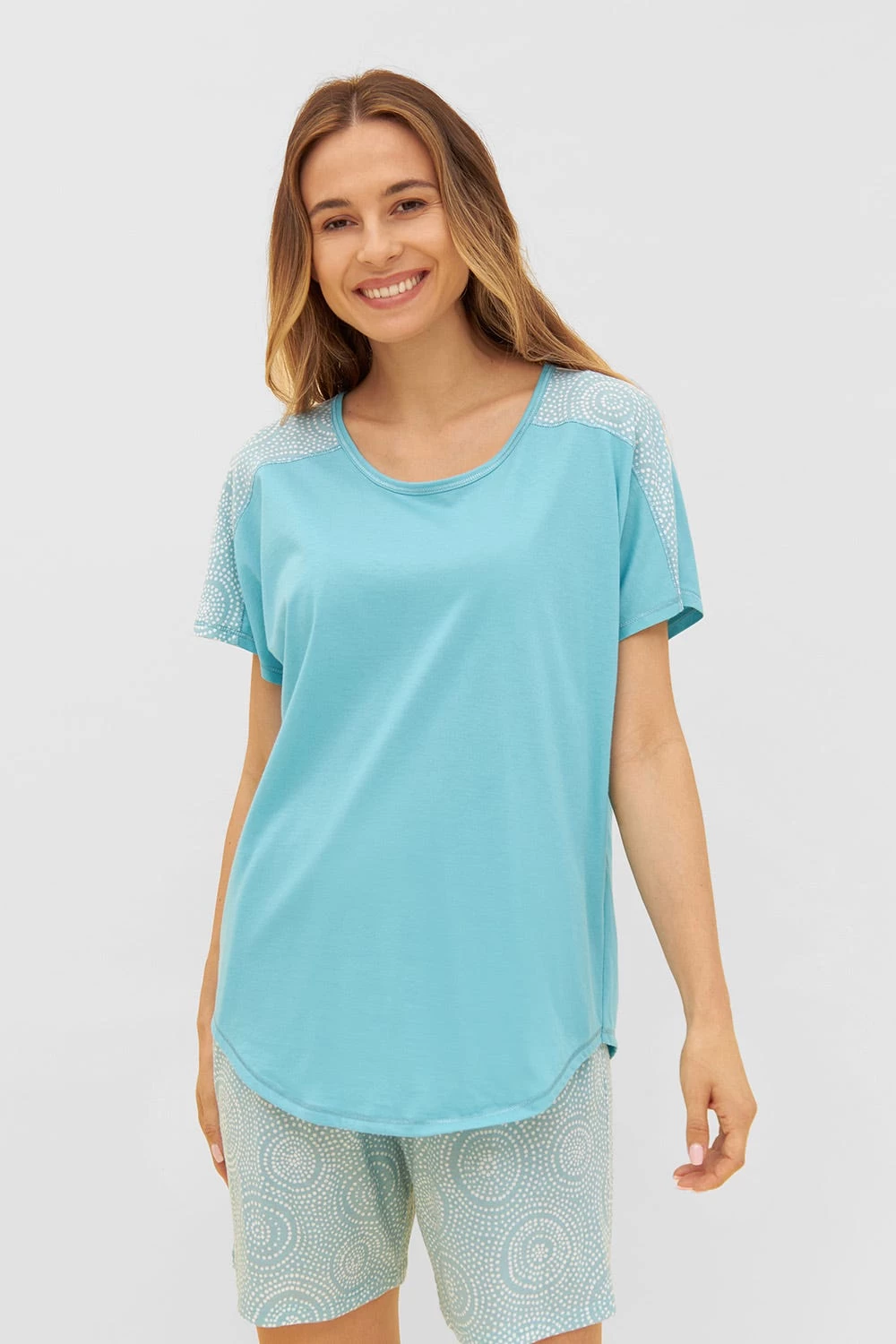 T-Shirt Mit Einsätzen Im Punkte-Druck Rundhals Baumwolle/Modal 1 T-Shirt Mit Einsätzen Im Punkte-Druck Rundhals Baumwolle/Modal