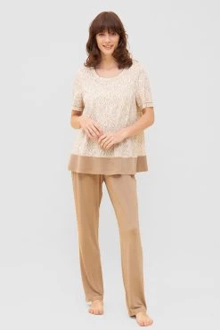 Shirt Im Zebra-Druck Beige Ziernähte A-Linie Mix & Match Baumwolle/Modal -Pyjamas Für Zuhause 1233046 16858 3