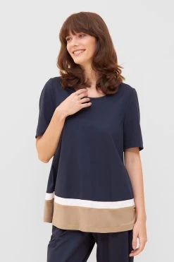 Shirt In Colorblocking-Optik Dunkelblau Beige Mix & Match Baumwolle/Modal