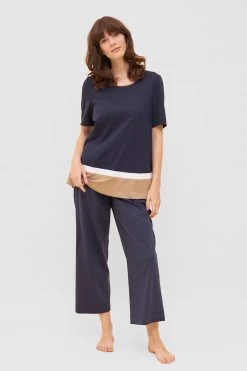 Shirt In Colorblocking-Optik Dunkelblau Beige Mix & Match Baumwolle/Modal -Pyjamas Für Zuhause 1233053 16570 3