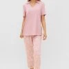Pyjama Mit Rosa Blumendruck V-Ausschnitt Kragen 100% Baumwolle