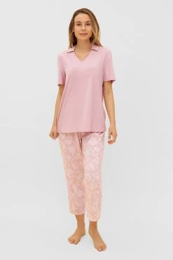Pyjama Mit Rosa Blumendruck V-Ausschnitt Kragen 100% Baumwolle