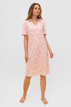 Nachthemd Im Rosa Blumendruck V-Ausschnitt Kragen 100% Baumwolle