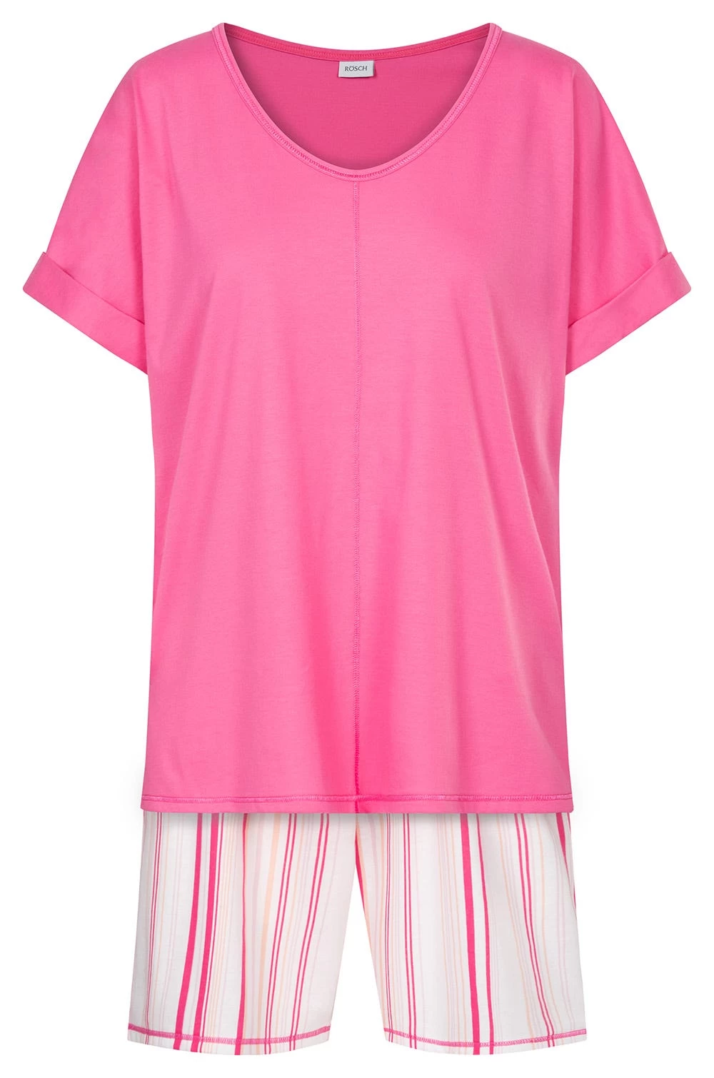 Kurzer Pyjama Mit Rosa Streifendruck V-Ausschnitt Ziernähte 100% Baumwolle 2 Kurzer Pyjama Mit Rosa Streifendruck V-Ausschnitt Ziernähte 100% Baumwolle - Image 2