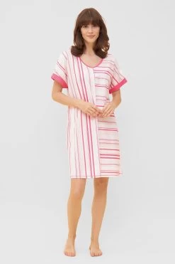 Nachthemd Im Rosa Streifendruck V-Ausschnitt Ziernähte 100% Baumwolle