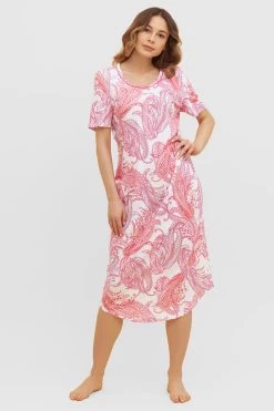 Nachtkleid Mit Paisley-Druck Rundhals Paspel Maxi 100% Baumwolle
