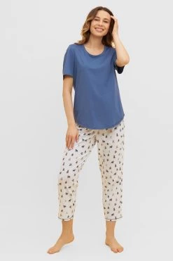 Pyjama Mit Verspieltem Hunde-Druck 7/8-Hose Blau Ziernähte 100% Baumwolle