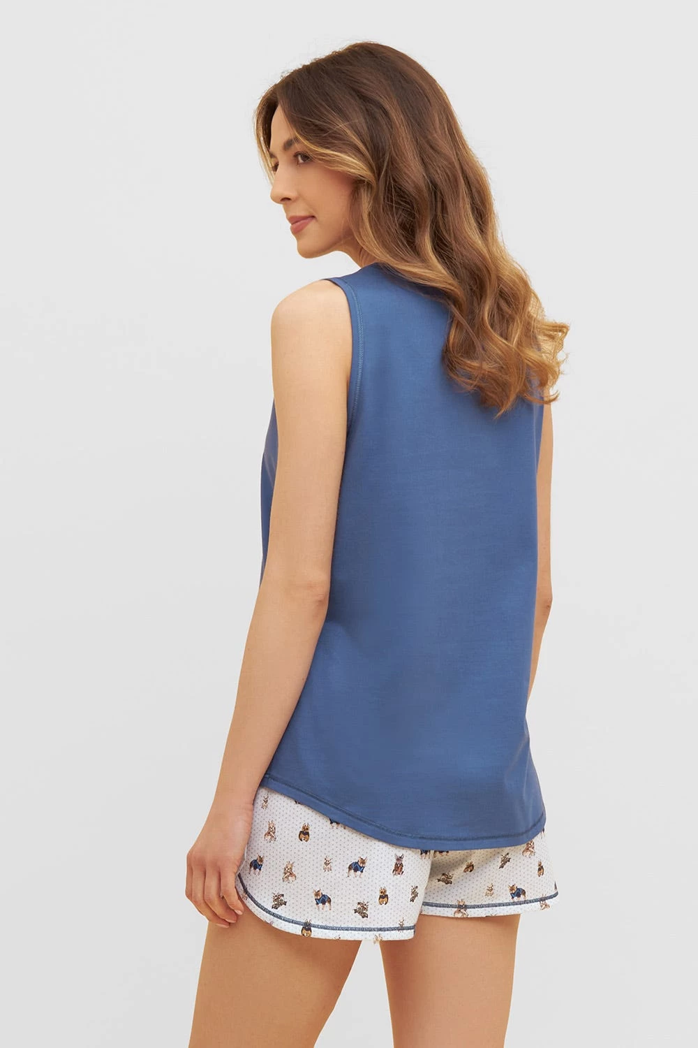 Pyjama Kurz Mit Verspieltem Hunde-Druck Shorts Blau Ziernähte 100% Baumwolle 3 Pyjama Kurz Mit Verspieltem Hunde-Druck Shorts Blau Ziernähte 100% Baumwolle - Image 3