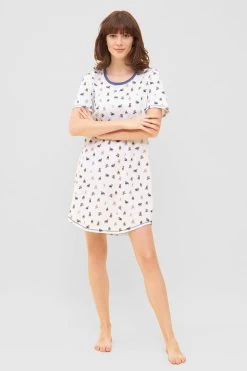 Nachthemd Im Verspielten Hunde-Druck Blau Ziernähte 100% Baumwolle