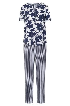 Pyjama Im Blau-weißen Muster-Mix Streifen Blumen Knopfleiste 100% Baumwolle -Pyjamas Für Zuhause 1233107 16383 1