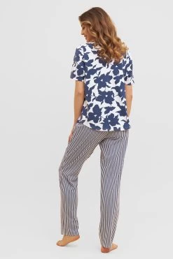 Pyjama Im Blau-weißen Muster-Mix Streifen Blumen Knopfleiste 100% Baumwolle -Pyjamas Für Zuhause 1233107 16383 2