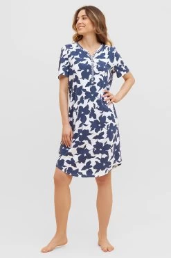 Nachthemd Im Blau-weißen Blumen-Druck Muster-Mix Streifen Knopfleiste 100% Baumwolle