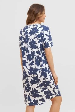 Nachthemd Im Blau-weißen Blumen-Druck Muster-Mix Streifen Knopfleiste 100% Baumwolle -Pyjamas Für Zuhause 1233108 16383 2