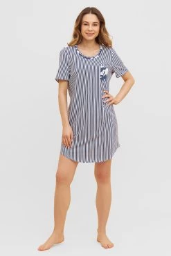 Nachthemd Im Streifendruck Muster-Mix Blumen Brusttasche 100% Baumwolle