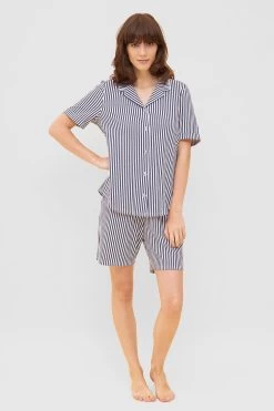 Pyjama Im Streifendruck Herrenhemd-Stil Bermuda Knopfleiste 100% Baumwolle