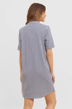 Nachthemd Im Streifendruck Herrenhemd-Stil Reverskragen Knopfleiste 100% Baumwolle -Pyjamas Für Zuhause 1233111 16504 2