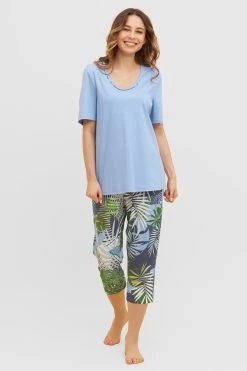 Pyjama Mit Tropischem Palmen-Druck 3/4-Hose Paspel Baumwolle/Modal