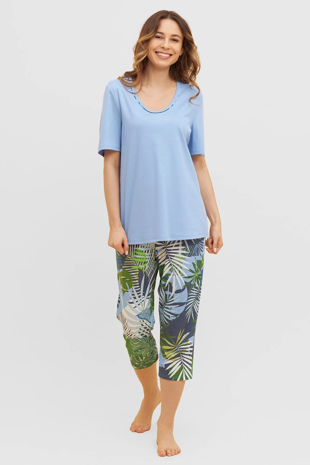 Pyjama Mit Tropischem Palmen-Druck 3/4-Hose Paspel Baumwolle/Modal 1 Pyjama Mit Tropischem Palmen-Druck 3/4-Hose Paspel Baumwolle/Modal