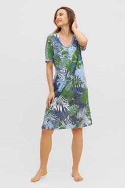 Nachtkleid Im Tropischen Palmen-Druck Taschen Baumwolle/Modal