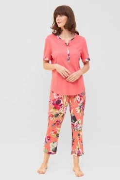 Pyjama Mit Sommerlichem Blumen-Druck Rosa Knopfleiste Baumwolle/Modal