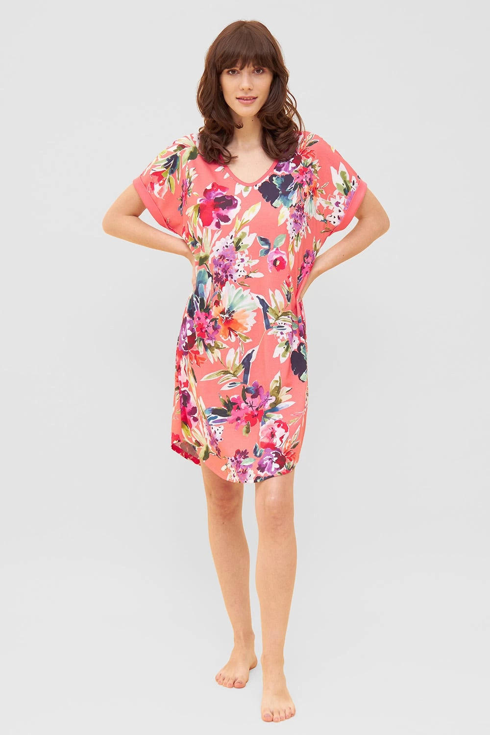 Nachthemd Im Sommerlichen Blumen-Druck Rosa V-Ausschnitt Baumwolle/Modal 1 Nachthemd Im Sommerlichen Blumen-Druck Rosa V-Ausschnitt Baumwolle/Modal