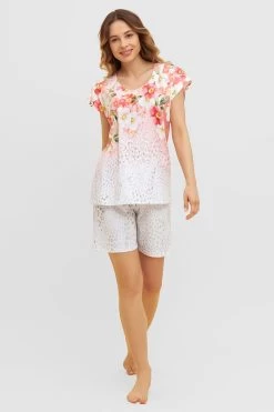 Kurzer Pyjama Im Leo-Blumen-Druck Rundhals Sommer 100% Baumwolle