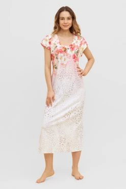 Nachtkleid Im Leo-Blumen-Druck Rundhals Sommer Maxi 100% Baumwolle