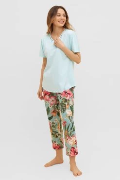 Pyjama Mit Tropischem Druck 7/8-Hose Raglan Baumwolle/Modal